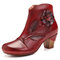 SOCOFY Womens Retro Red Flower Genuine Leather Elegant High Heel Ankle Boots - Red