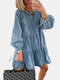 Solid Color Elastic Sleeve V-neck Drawstring Mini Dress - Light Blue