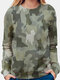 Camouflage Cat Print Long Sleeve O-neck Casual T-shirt For Women - Green