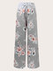 Plus Size Calico Pattern Patchwork Knotted Wide Leg Pants - Gray