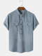 Mens Pure Color Half Button Corduroy Short Sleeve Henley Shirts - Blue