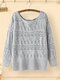 Plus Size Solid Hollow Long Sleeve Knit O-neck Sweater - Gray