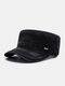 Men Washed Distressed Cotton Solid Letter Metal Label Outdoor Sunshade Casual Military Hat Flat Cap - Black