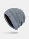 Men Hollow Knitted Plus Velvet Solid Color Geometric Jacquard Warmth Brimless Beanie Hat - Gray