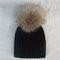 Children Warm Winter Wool Knit Beanie Raccoon Fur Pom Bobble Hat Crochet Ski Cap - Black