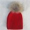 Children Warm Winter Wool Knit Beanie Raccoon Fur Pom Bobble Hat Crochet Ski Cap - Red