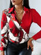 Cadeia de impressão de manga comprida com botão de lapela Camisa feminino - Vermelho