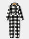 Women Plaid Flannel Zipper Front Plus Size Jumpsuit Home Hooded Onesies With Fluffy Ball - Black