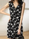 Women Random Allover Flower Print Sleeveless V-neck Dress - Black