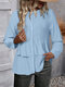 Women Ruffle Trim Button Front Plain Long Sleeve Shirt - Blue