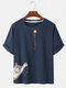 Mens Cotton Cartoon Cat & Japanese Print Solid Loose Light O-Neck T-Shirts - Blue