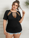 Solid Color O-neck Cut Out Plus Size Sexy T-shirt for Women - Black