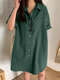 Women Solid Lapel Double Pocket Button Front Shirt Dress - Dark Green
