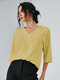 Solid Lapel Half Sleeve Casual Blouse For Women - Yellow