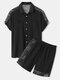 Mens Monochrome Paisley Print Patchwork Textured Two Pieces Outfits - Black