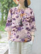 Watercolor Floral Print Crew Neck 3/4 Length Sleeve Blouse - Purple