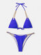 Women Chain String Halter Backless Wireless Micro Bikinis Swimwear - Blue