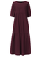 ソリッドカラーOネックパフスリーブPlusサイズの女性用ドレス - ワインレッド