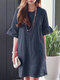 महिला सॉलिड क्रू नेक कॉटन रफ़ल स्लीव ड्रेस - गहरा नीला