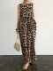 Sleeveless Pocket Leopard Print Round Neck Maxi Dress - Khaki