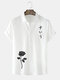 Mens Rose Japanese Print Button Up Daily Short Sleeve Shirts - White