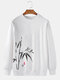 Mens Chinese Bamboo Ink Painting Print Crew Neck Pullover Sweatshirts - White