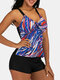 Plus Size Women Colorful Stripe Print Tie Front Wireless Strappy Tankinis Swimsuit - Purple