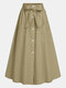 Solid Color Button Pocket Knotted Long Casual Skirt for Women - Khaki