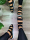 Sandálias femininas de cor sólida casual confortável plana elástica Banda com listras - Preto