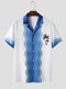 Mens Coconut Tree Wave Striped Print Revere Collar Short Sleeve Shirts - Blue
