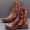 LOSTISY Women Retro Flowers Embroidered Leather Strappy Zipper Block Heel Mid Calf Boots - Brown