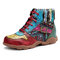 Sокофий Retro Ethnic Шаблон Color Block Кожаный лоскутный шерстяной шнурок со свободным носком Soft Flat Ботинки - Многоцветный