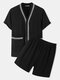 Men Striped Lining Double Pocket Front Buttons Mid Length Soft Pajamas Sets - Black