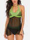 Plus Size Women Mesh See Through Polka Dot Print Wireless Halter Swimdress Swimwear - Green