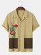 Men Cactus Embroidered Revere Collar Short Sleeve Shirts - Khaki