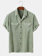 Mens Velour Double Pocket Revere Collar Short Sleeve Shirt - Green