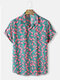 Mens Flamingo Print Revere Collar Holiday Short Sleeve Shirts - Green