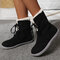 Large Size Women Solid Color Synthetic Suede Fordable Warm Lace-up Flat Short Snow Boots - Black