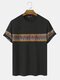 Mens Tribal Geometric Print Panel Patchwork Short Sleeve T-Shirts - Black