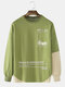 Mens Letter Print Patchwork Cotton Loose Casual Crew Neck Long Sleeve Sweatshirt - Green