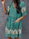 Bohemian Floral Ethnic Pattern V-neck Button Short Sleeve Print Dress - Green