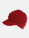 Women Acrylic Satin Knitted Solid Striped PU Label Ponytail Beanie Hat Ski Sports Cap Baseball Cap - Red