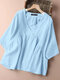 Blusa suelta de algodón con cuello en V y detalle de costuras lisas para mujer - azul
