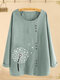Flower Printed Long Sleeve O-neck Button Blouse For Women - Green
