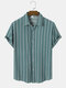 Mens Vertical Stripe Lapel Button Up Daily Short Sleeve Shirts - Green
