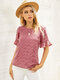 Swiss Dot Solid Crew Neck Short Sleeve Blouse For Women - Pink