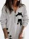 Blusa feminina com estampa de gato e gola de lapela de manga comprida - cinzento