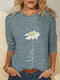 Simple Flower Print Long Sleeves Casual T-shirt For Women - Blue