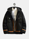 Mens Leather Suedes Patchwork Thickened Fleece Lined Warm Hooded Outerwears Coats - Black