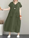 Women Solid Short Sleeve Pocket V-neck Vintage Dress - Dark Green